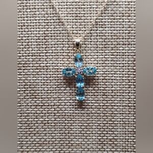 Elegant Blue Topaz & 14k Gold Cross Pendant Necklace